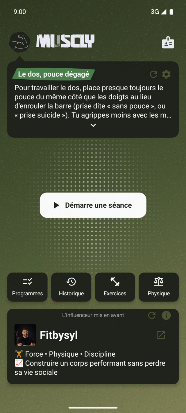 Écran d’accueil de Muscly